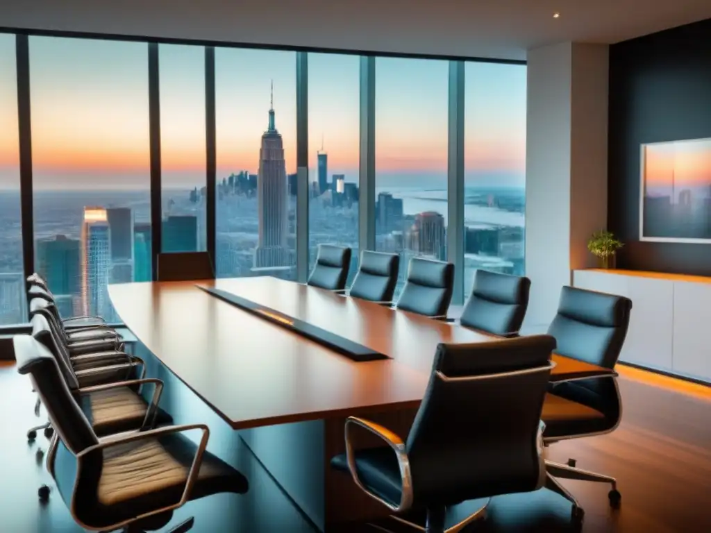Reunión de negocios en moderna sala de juntas con vista a la ciudad Profesionales en reunión discutiendo aspectos legales inversión inmobiliaria global en moderna sala de juntas con vista a la ciudad