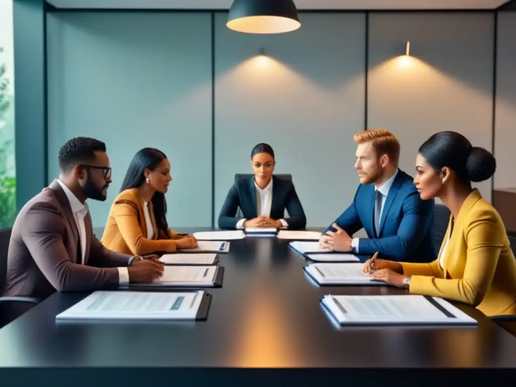 Intensa reunión de profesionales en sala de conferencias moderna Profesionales en reunión discuten barreras legales en M&A internacionales en sala moderna y luminosa