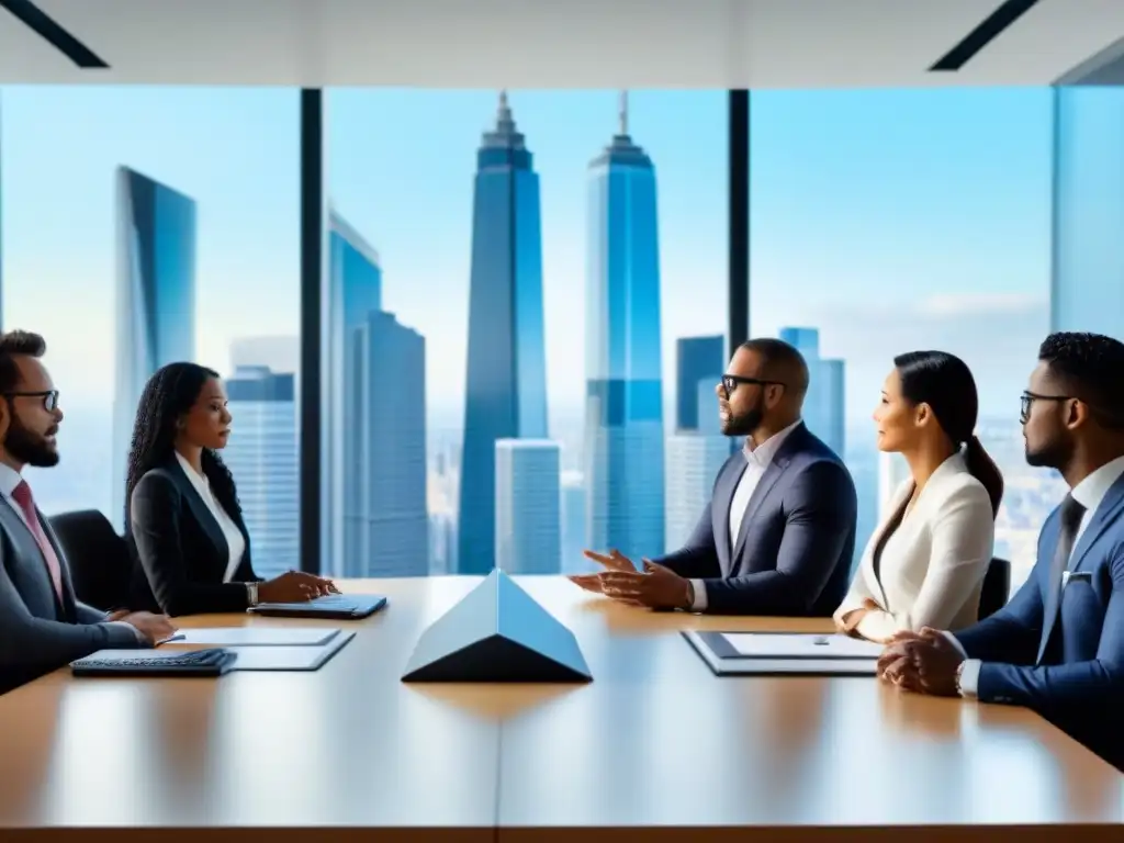 Reunión estratégica de profesionales en sala de juntas moderna Profesionales en reunión estratégica en moderna sala de juntas, ideal para Estrategias M&A inmobiliario internacional