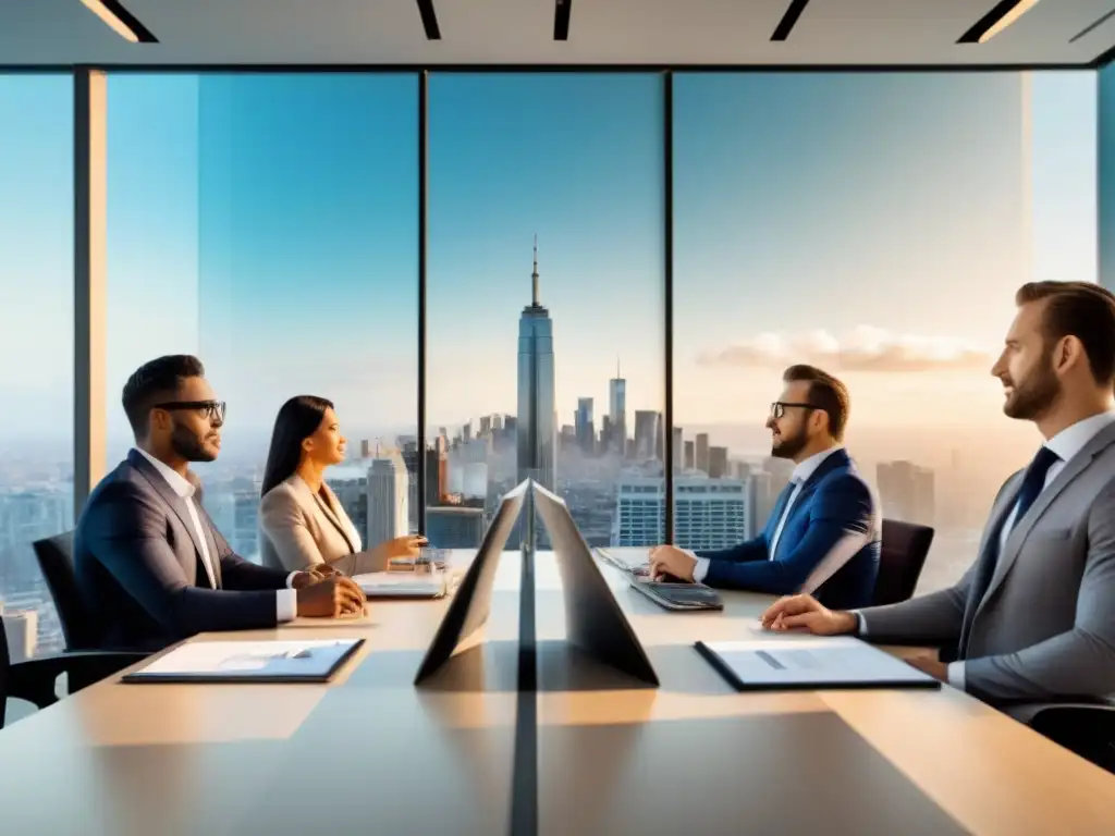 Oficina moderna con profesionales en estrategia y tecnología Profesionales en reunión estratégica en oficina moderna con vista panorámica de la ciudad y tecnología avanzada