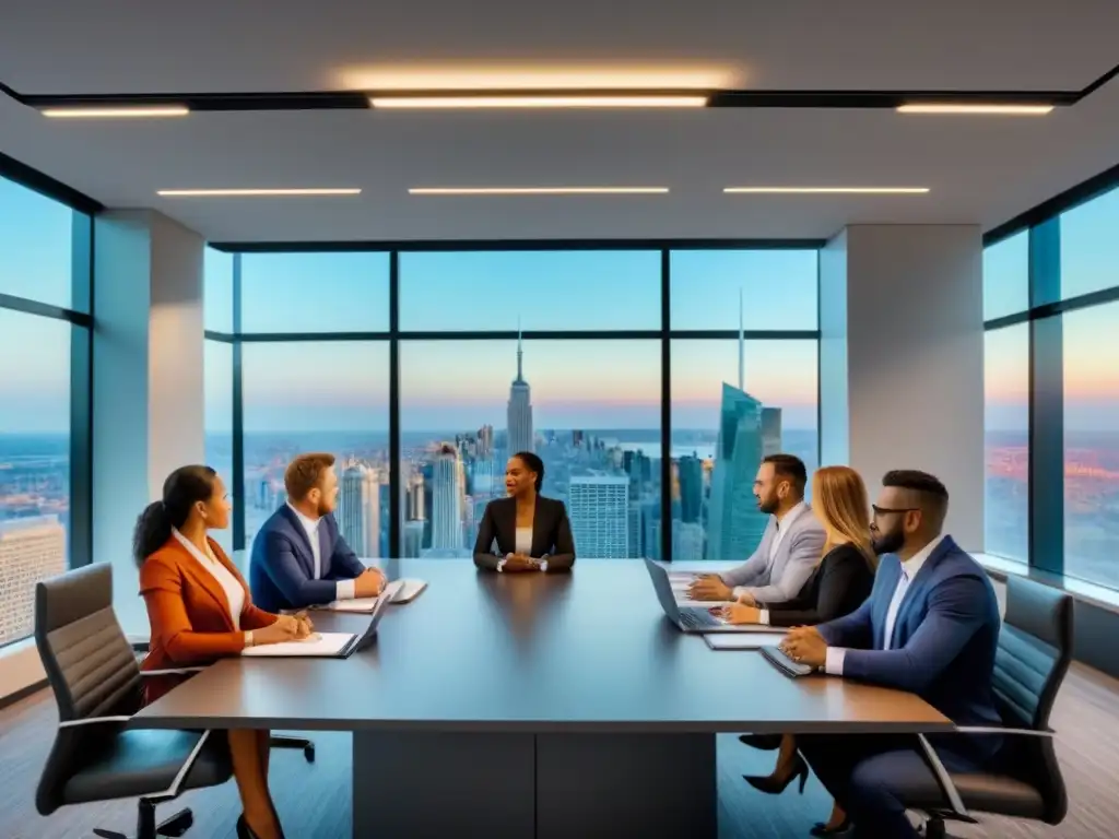Reunión Due Diligence: Profesionales en Oficina Moderna Profesionales en reunión de Due Diligence en fusiones inmobiliarias en una oficina moderna con vista a la ciudad