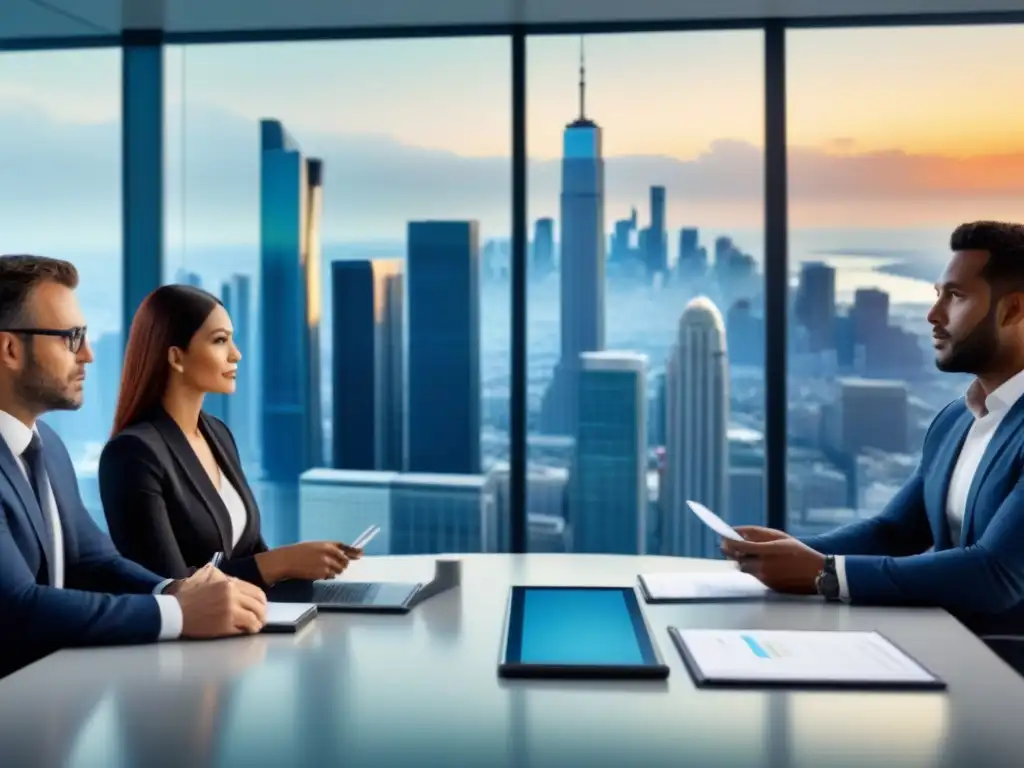 Profesionales debaten estrategias inmobiliarias en sala futurista Profesionales en reunión de inversiones inmobiliarias bajo riesgo Norteamérica en moderna sala de juntas futurista
