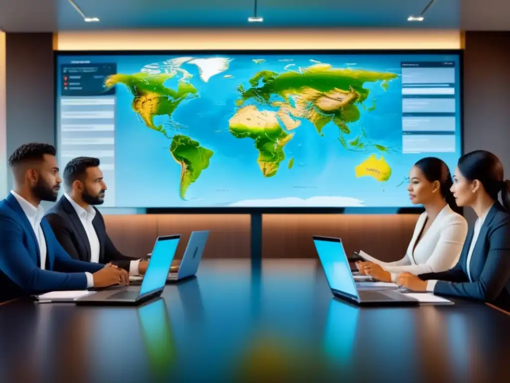 Reunión Due Diligence Legal: Profesionales en Sala de Juntas Profesionales en reunión de Due Diligence Legal Propiedades Internacionales en moderna sala de juntas con gadgets y mapa mundial en pantalla