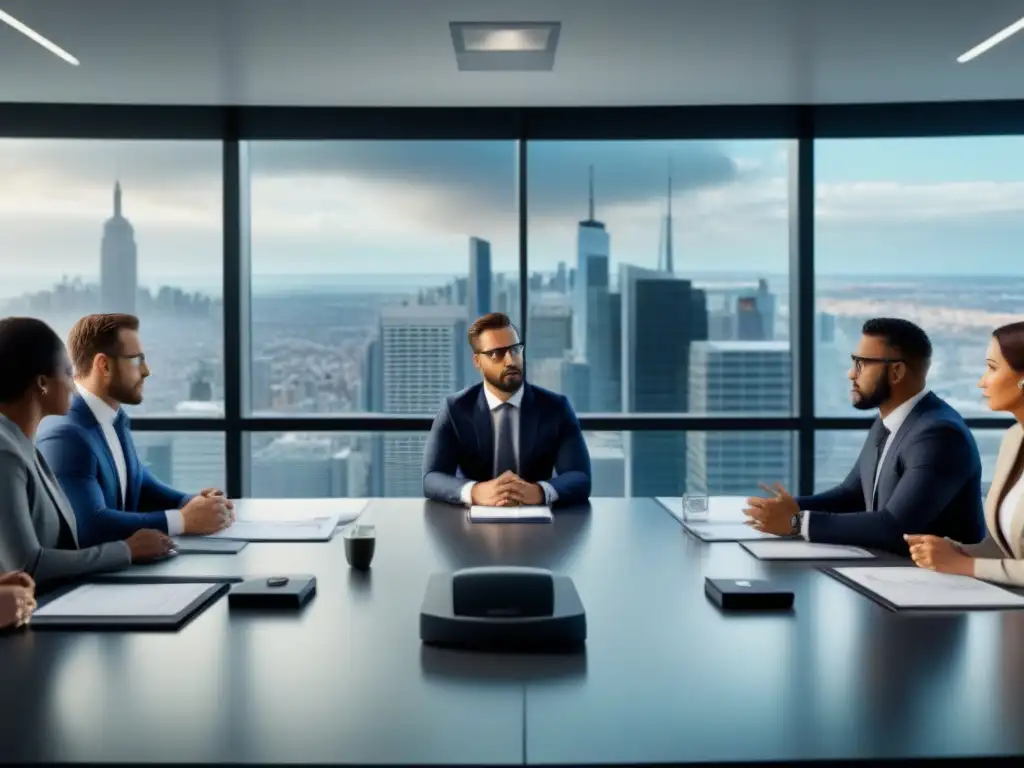Reunión estratégica de crisis en oficina moderna Profesionales en reunión de manejo de crisis inmobiliario en oficina moderna, enfocados en estrategias