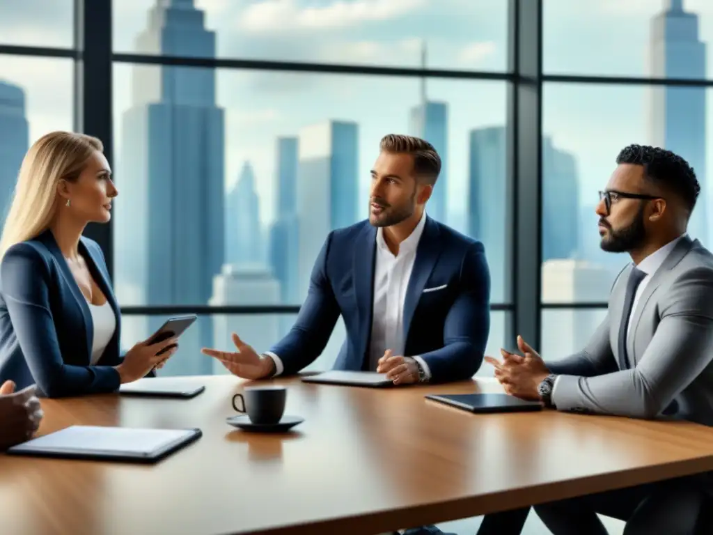 Profesionales en reunión de negociación en moderna sala de juntas, con vista panorámica a la ciudad