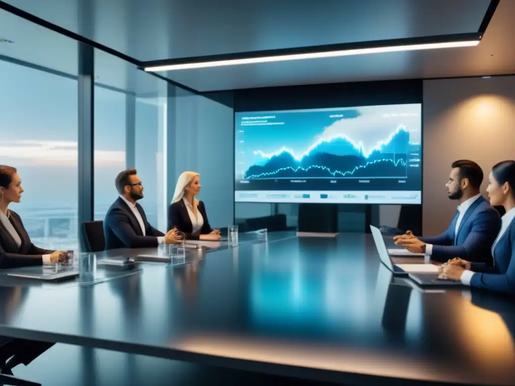 Oficina futurista con profesionales en reunión blockchain Profesionales en reunión de negocios en un espacio futurista con tecnología blockchain para Inversiones internacionales en tiempo compartido