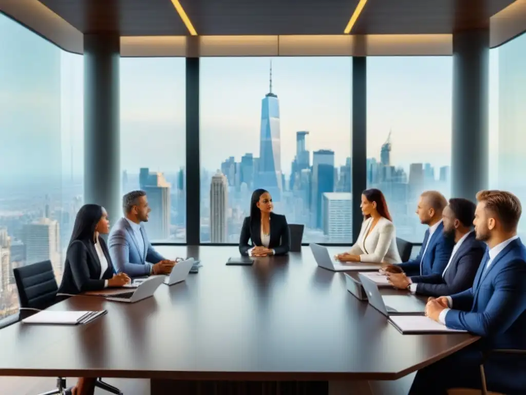 Negociación internacional en sala de juntas moderna y colaborativa Profesionales en reunión de negocios internacionales en una sala con luz natural y vista a la ciudad, discutiendo contratos