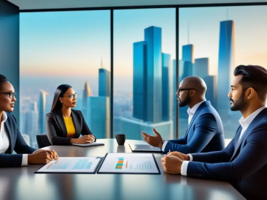 Reunión empresarial multicultural en sala de juntas moderna Profesionales en reunión de negocios en sala moderna, ideal para joint ventures mercado inmobiliario internacional