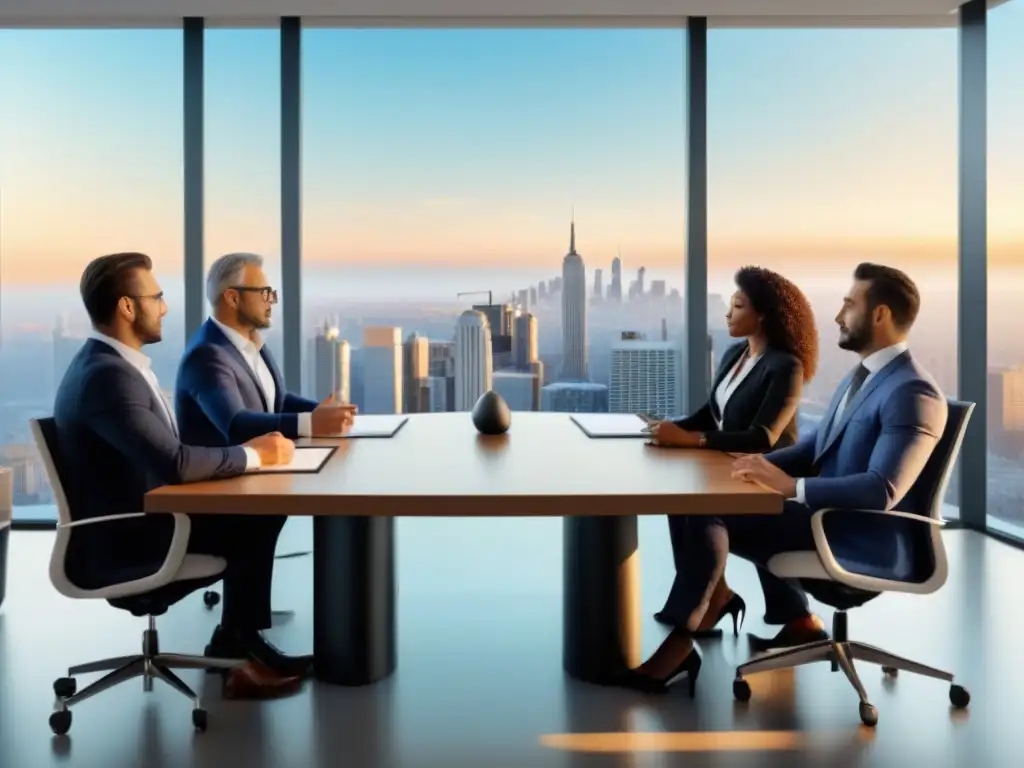 Reunión de profesionales en oficina corporativa de alta gama Profesionales en reunión discutiendo normativas M&A mercado inmobiliario internacional en oficina de alto nivel con vista panorámica a la ciudad