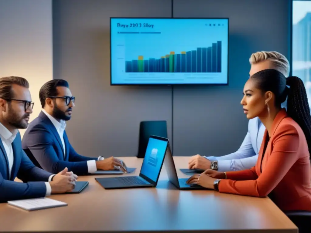 Profesionales expertos en reunión estratégica: imágenes ultradetalladas 8k Profesionales en sala de crisis inmobiliaria, rodeados de tecnología, analizando datos y gráficos en tiempo real