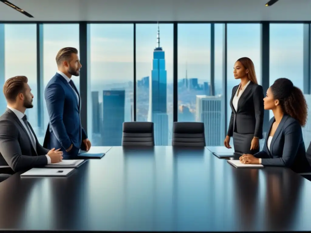 Inversión inmobiliaria estratégica: reunión de profesionales Profesionales debaten estratégicamente en sala de juntas moderna, simbolizando beneficios inversión inmobiliaria en crisis