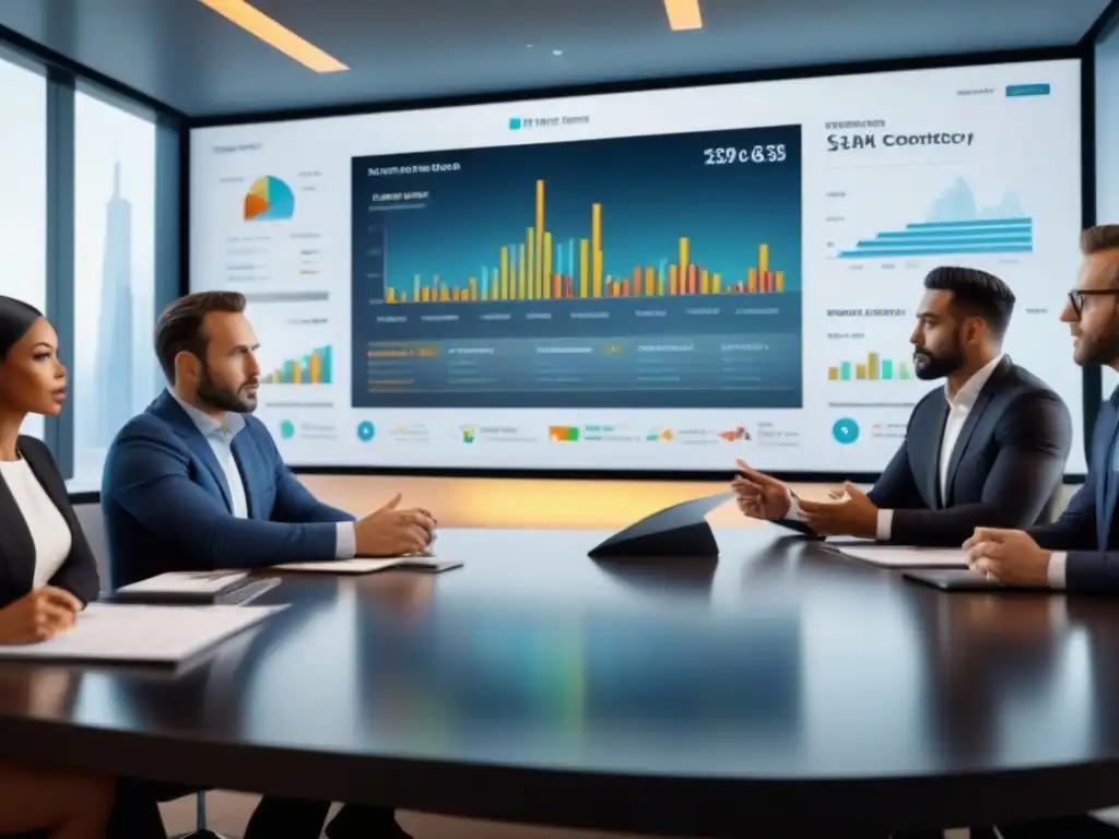 Profesionales debatiendo sobre inversiones inmobiliarias en un entorno inflacionario Profesionales en sala de juntas moderna, discuten inversiones inmobiliarias en entorno inflacionario, con gráficos de tendencias