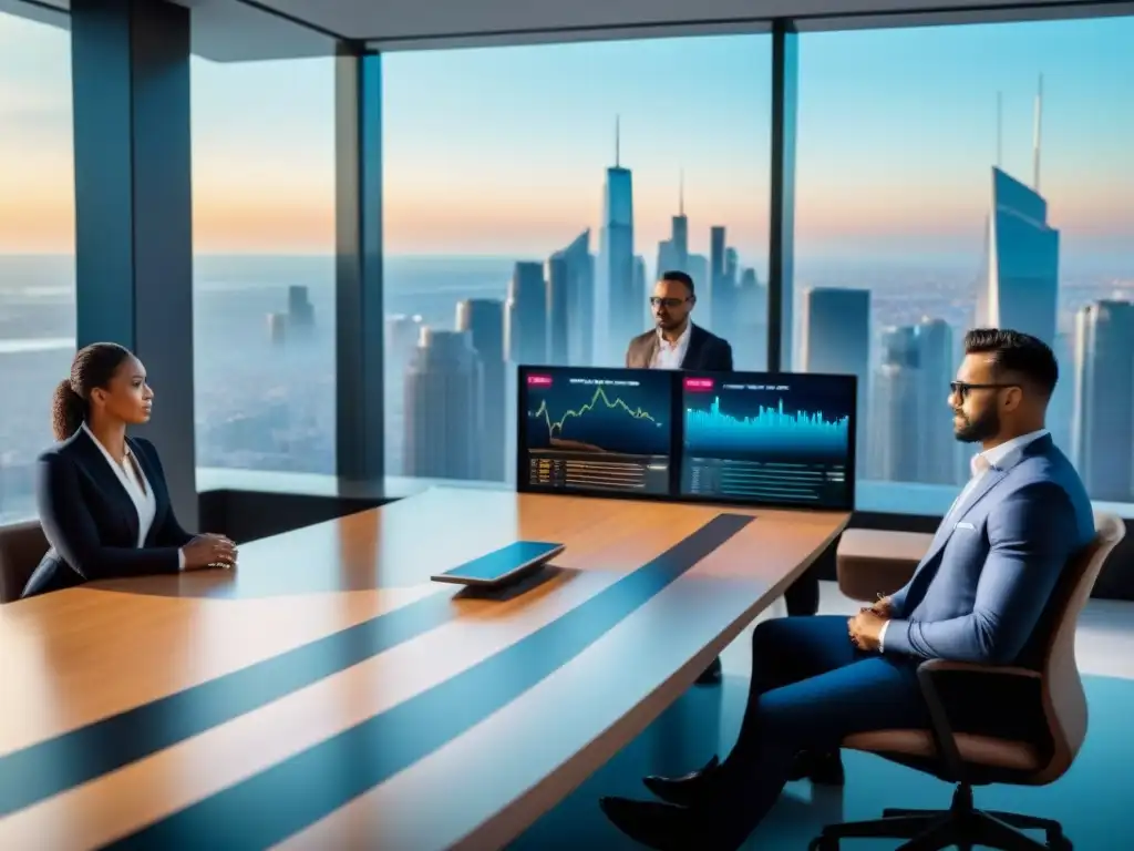 Reunión estratégica de profesionales en sala moderna con vista a la ciudad Profesionales en sala de juntas moderna, estrategia inversión inmobiliaria internacional