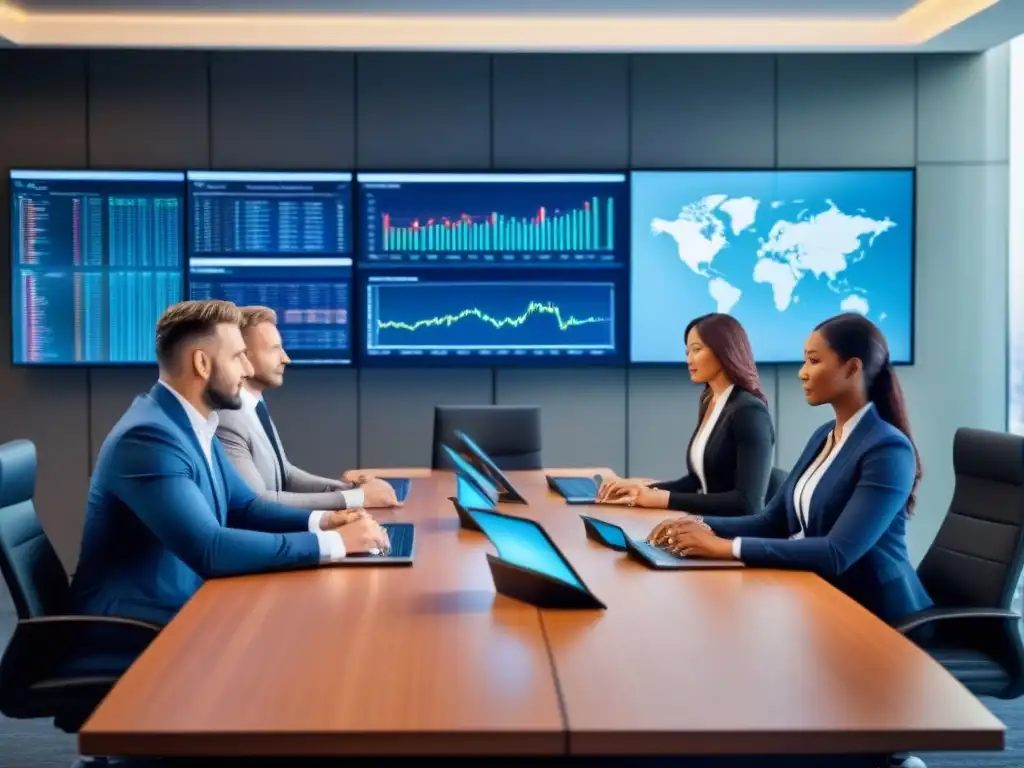 Profesionales innovadores en sala de juntas tecnológica Profesionales en sala de juntas moderna, discuten estrategias de inversión global con tendencias mercado inmobiliario internacional