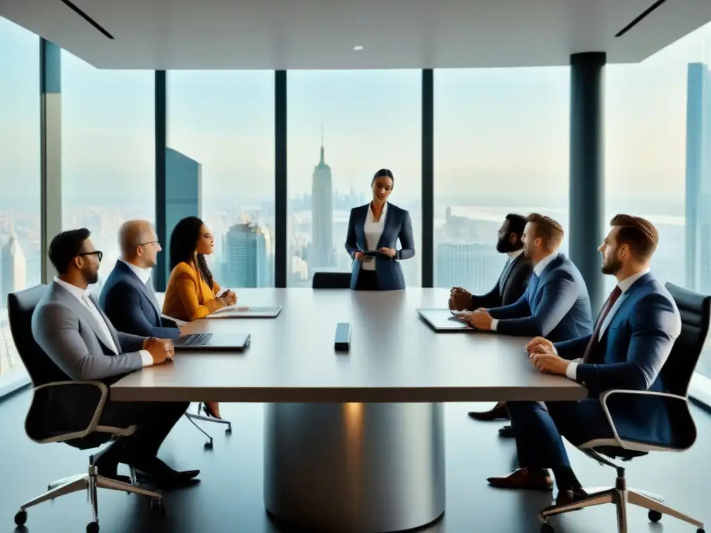Reunión de negocios en oficina de lujo: colaboración y negociación Profesionales negociando en sala de reuniones futurista con vista a la ciudad, técnicas negociación mercados inmobiliarios fronterizos
