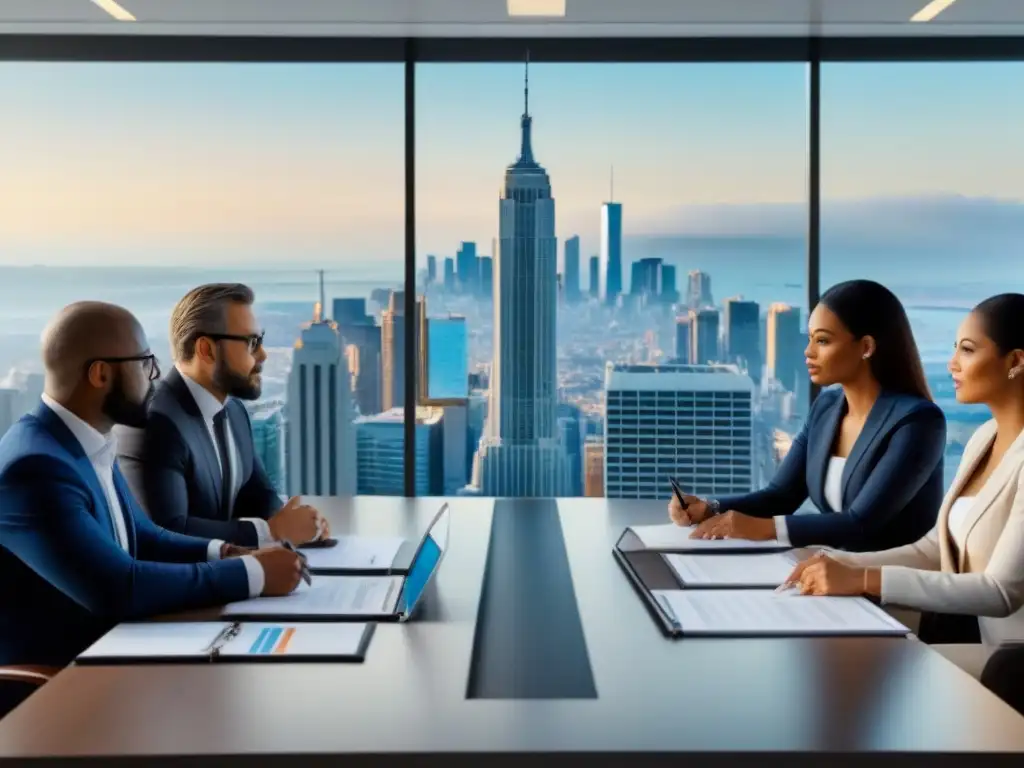 Inversionistas expertos analizan estrategias inmobiliarias en recesión Profesionales serios discuten estrategias para invertir en bienes raíces durante la recesión en moderna oficina corporativa