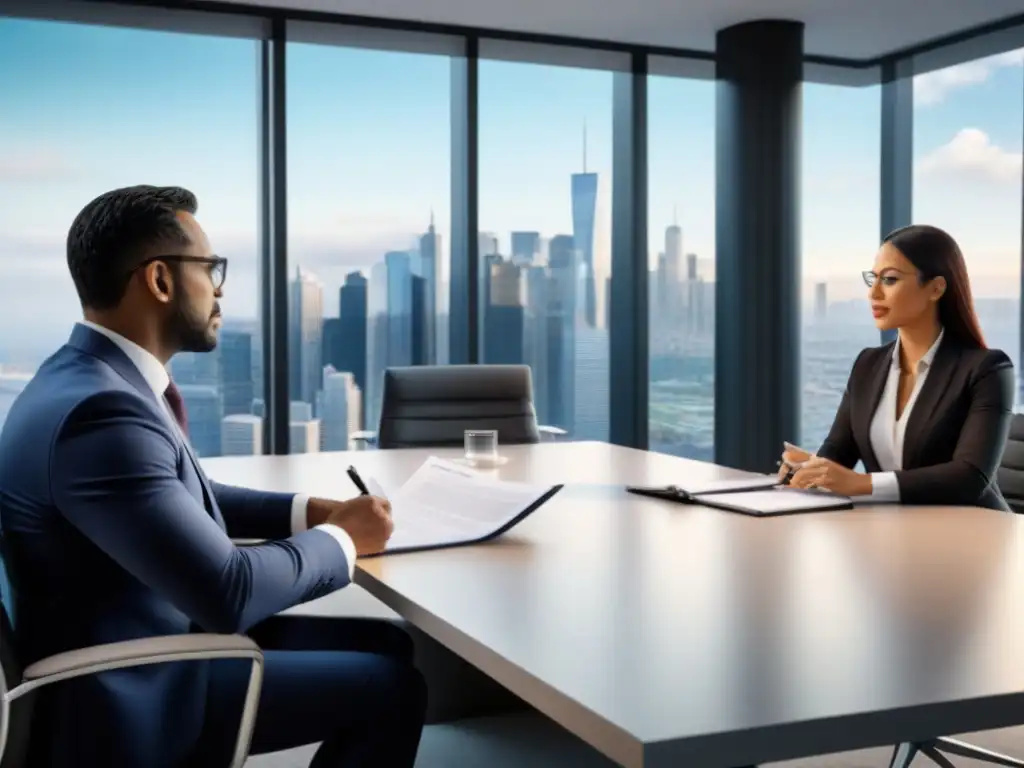 Profesionales en reunión: expertos en inversiones inmobiliarias Profesionales debatiendo sobre tasas de interés y beneficios en una oficina moderna