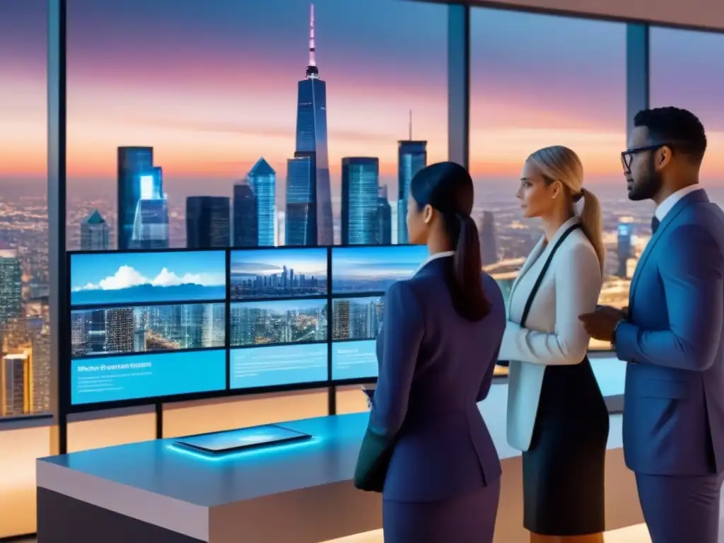 Metrópolis futurista: profesionales innovando en inversión inmobiliaria Profesionales usando tecnología en reunión de inversión inmobiliaria en moderna ciudad al anochecer