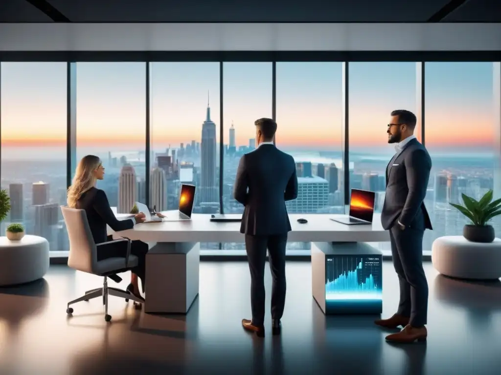 Oficina futurista con profesionales diversificados Profesionales debaten tendencias en holograma futurista