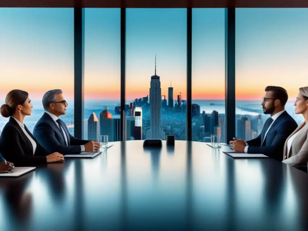 Reunión de expertos en inversión inmobiliaria internacional Profesionales en traje discuten en moderna sala de juntas