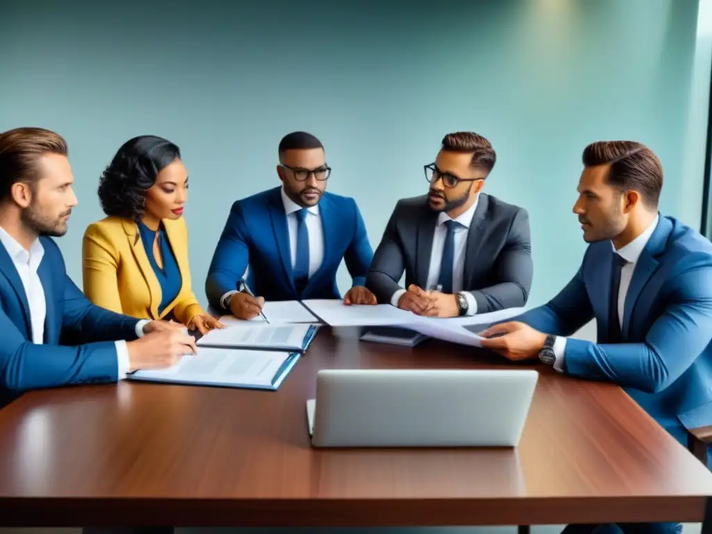 Reunión internacional de profesionales en inversión inmobiliaria Profesionales con trajes de negocios en reunión, planificando inversiones inmobiliarias internacionales con documentos y laptops