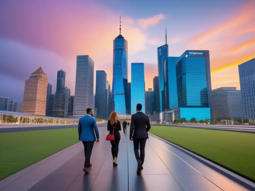 Skyline urbano al atardecer: jóvenes profesionales en movimiento Profesionales urbanos en una ciudad vibrante al atardecer, reflejando la demanda de inmuebles y educación