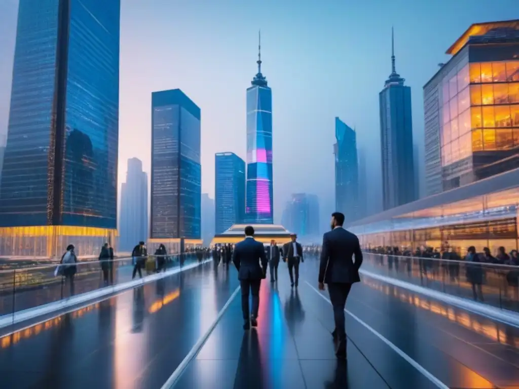 Profesionales colaborando en la metrópolis del mañana Profesionales colaborando en un vibrante paisaje urbano al anochecer, reflejando innovación en el mercado inmobiliario durante la migración interna