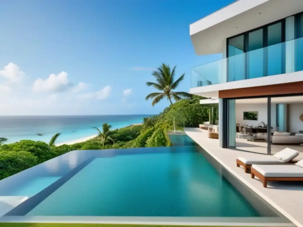 Propiedad de lujo en la playa con piscina infinita privada Propiedad de alquiler vacacional de lujo en la playa con diseño moderno y vistas al océano, rodeada de vegetación tropical