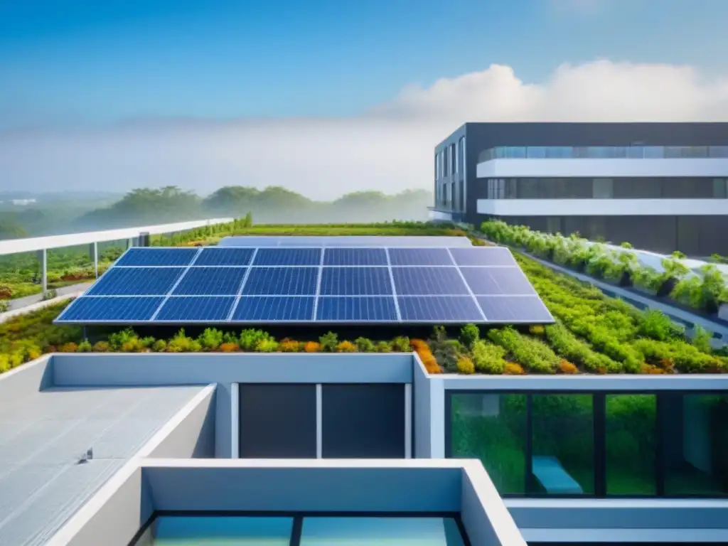 Propiedad comercial sostenible rodeada de vegetación exuberante Propiedad comercial sostenible con paneles solares y jardín en la azotea
