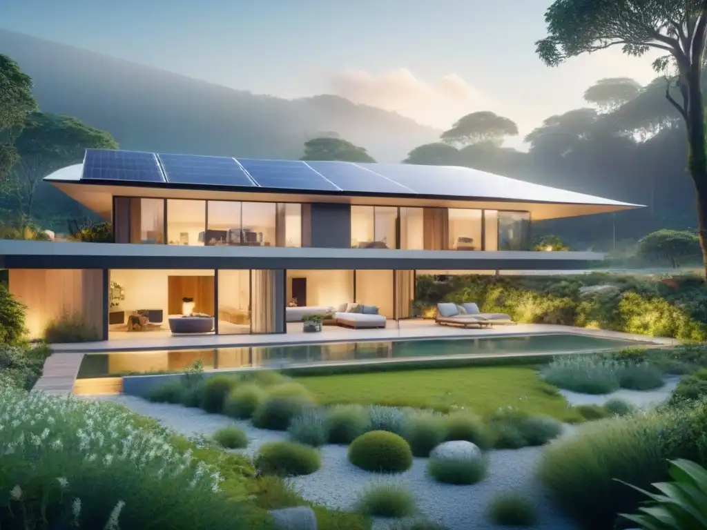 Propiedad ecotecnológica: visión sostenible del futuro Propiedad ecológica futurista con tecnología verde y diseño sostenible en entorno natural exuberante, incentivando la visión del futuro