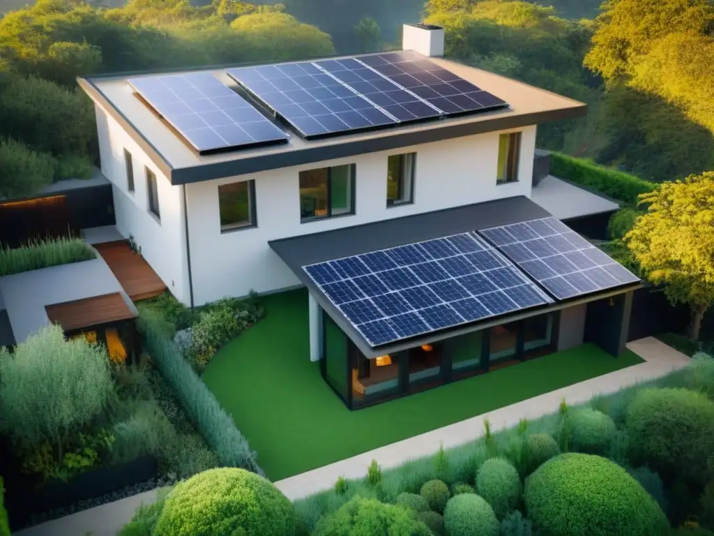 Propiedad ecológica: eficiencia solar y armonía natural Propiedad ecológica con paneles solares, sistema de recolección de agua de lluvia y jardín vibrante