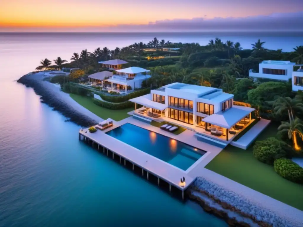 Propiedad exclusiva con infinity pool y yate en muelle al atardecer