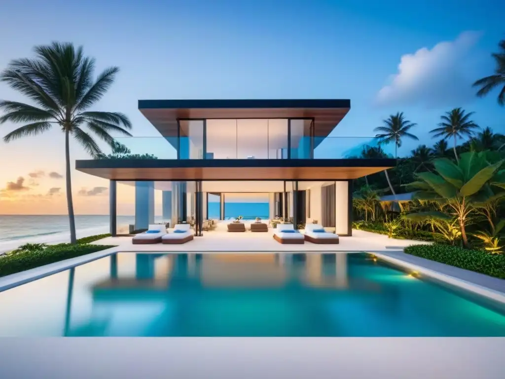 Propiedad de lujo frente al mar en paraíso tropical Una propiedad frente a la playa en un paraíso tropical con diseño moderno y piscina infinita privada, palmeras y playa blanca