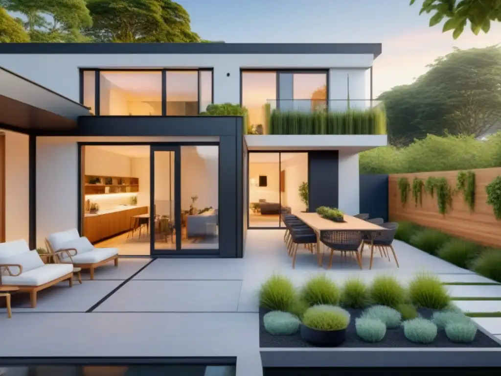 Propiedad híbrida ecofriendly para Millennials: diseño moderno y sostenible Una propiedad híbrida para Millennials con diseño moderno y sostenible, rodeada de naturaleza, donde una pareja disfruta del patio