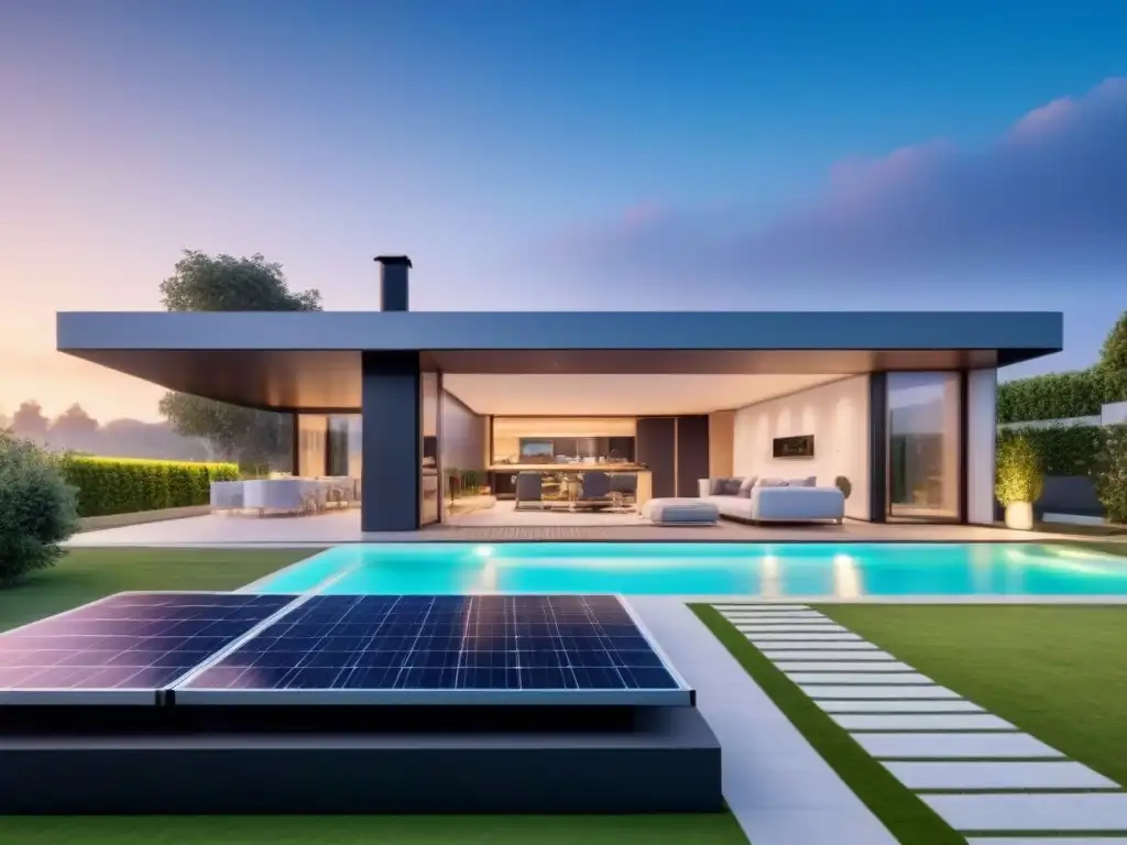 Smart home sostenible: tecnología IoT y energía solar Propiedad inmobiliaria sostenible IoT con paneles solares, jardín verde y diseño moderno
