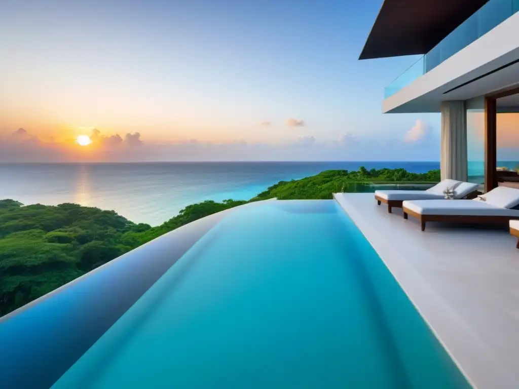 Propiedad de lujo en el mar: diseño moderno y exclusivo Propiedad de lujo en alta mar con arquitectura moderna, rodeada de aguas turquesas y vegetación exuberante al atardecer
