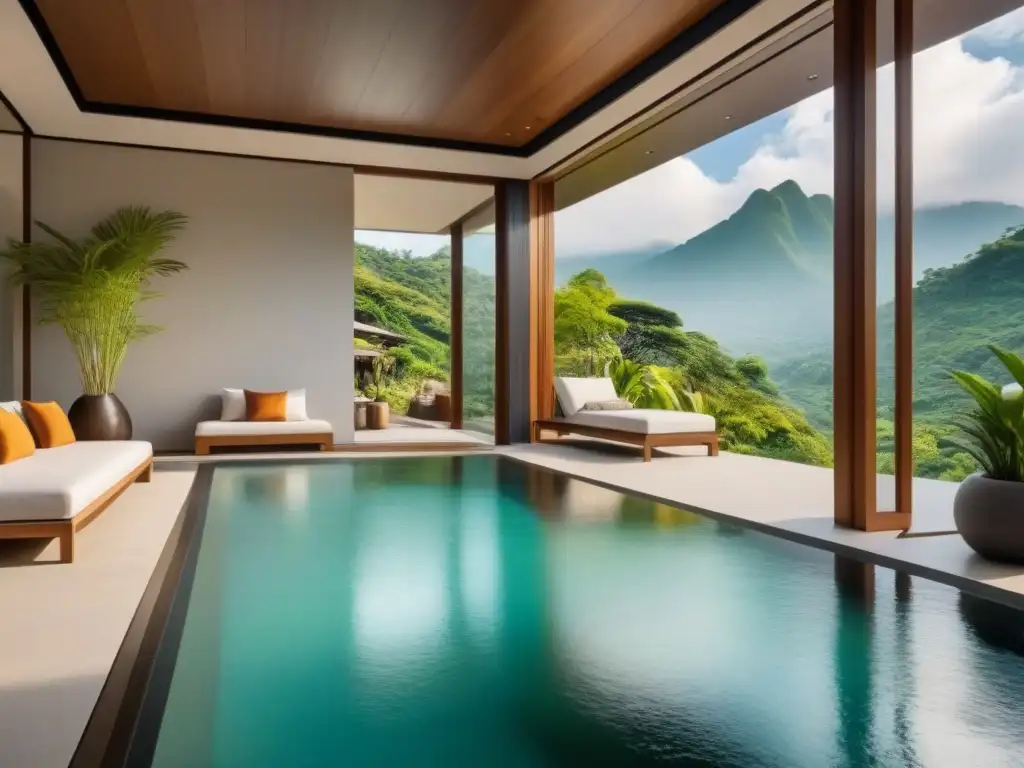 Propiedad asiática de lujo: diseño Feng Shui impecable en 8k Propiedad de lujo en Asia con diseño Feng Shui: exuberante jardín, vistas a montañas y elegante decoración interior