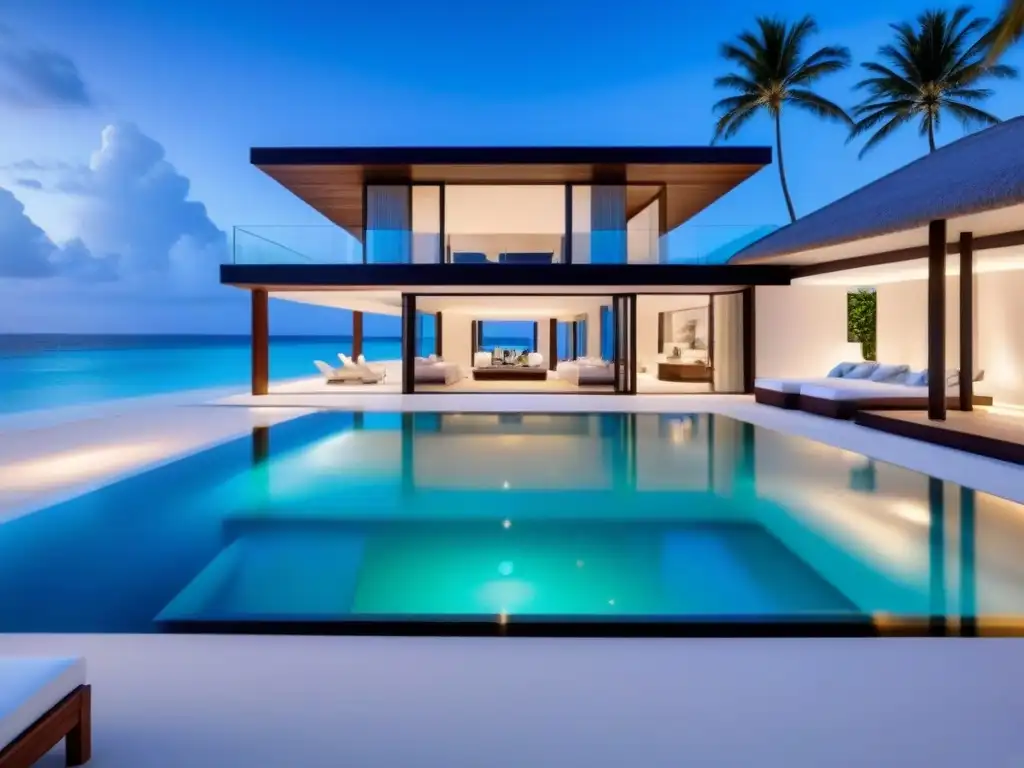Propiedad de lujo frente a la playa con diseño moderno y vistas panorámicas Propiedad de lujo frente a la playa con arquitectura moderna, ventanales y vistas panorámicas al mar turquesa y arena blanca