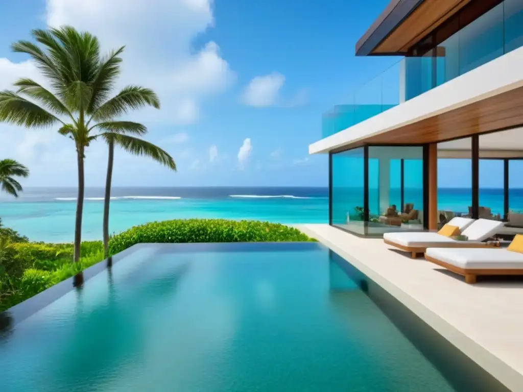 Propiedad de lujo frente al mar: oasis tropical con piscina infinita Propiedad de lujo frente a la playa con piscina infinita, arquitectura moderna y exuberante paisajismo tropical