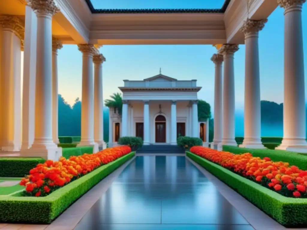 Propiedad histórica de lujo: arquitectura detallada y jardín exuberante Propiedad de lujo histórica global con detalles arquitectónicos, columnas grandiosas y jardín exuberante