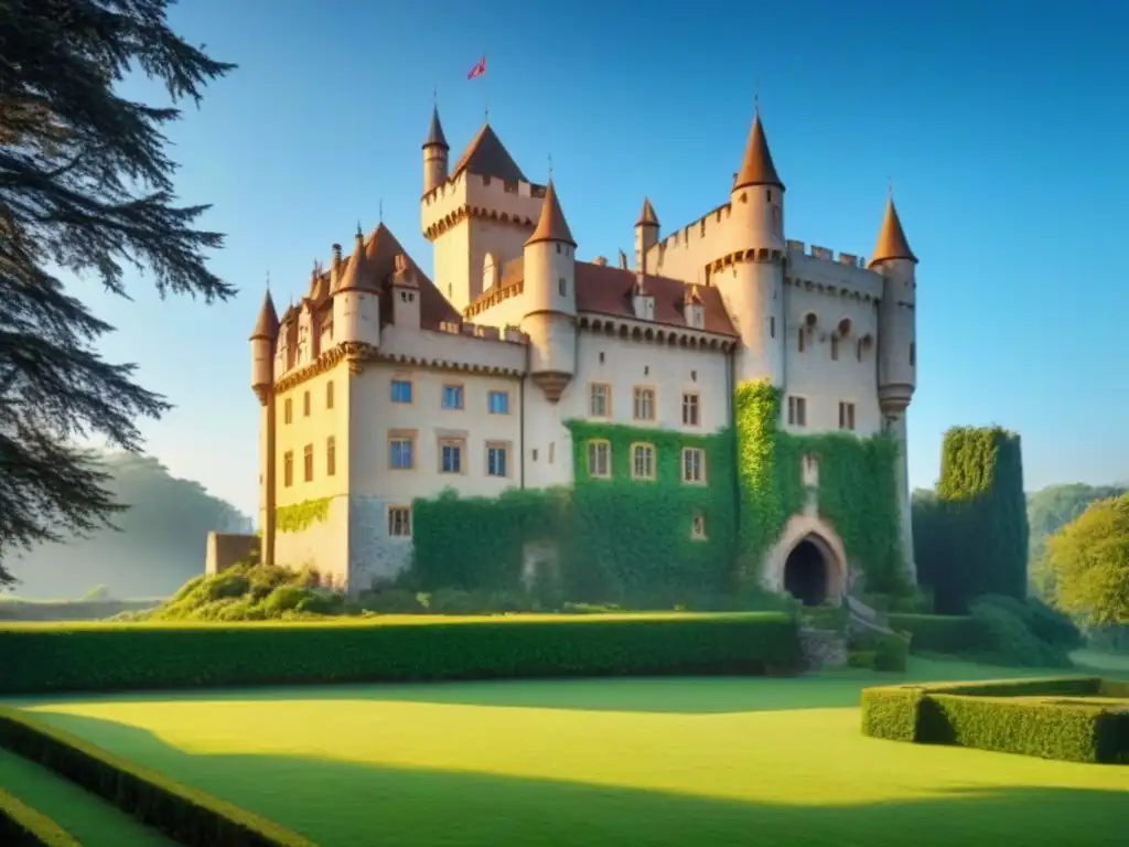 Castillo histórico majestuoso bañado en luz dorada Propiedad de lujo histórica global: majestuoso castillo bañado en luz dorada, rodeado de exuberante vegetación y cielo azul