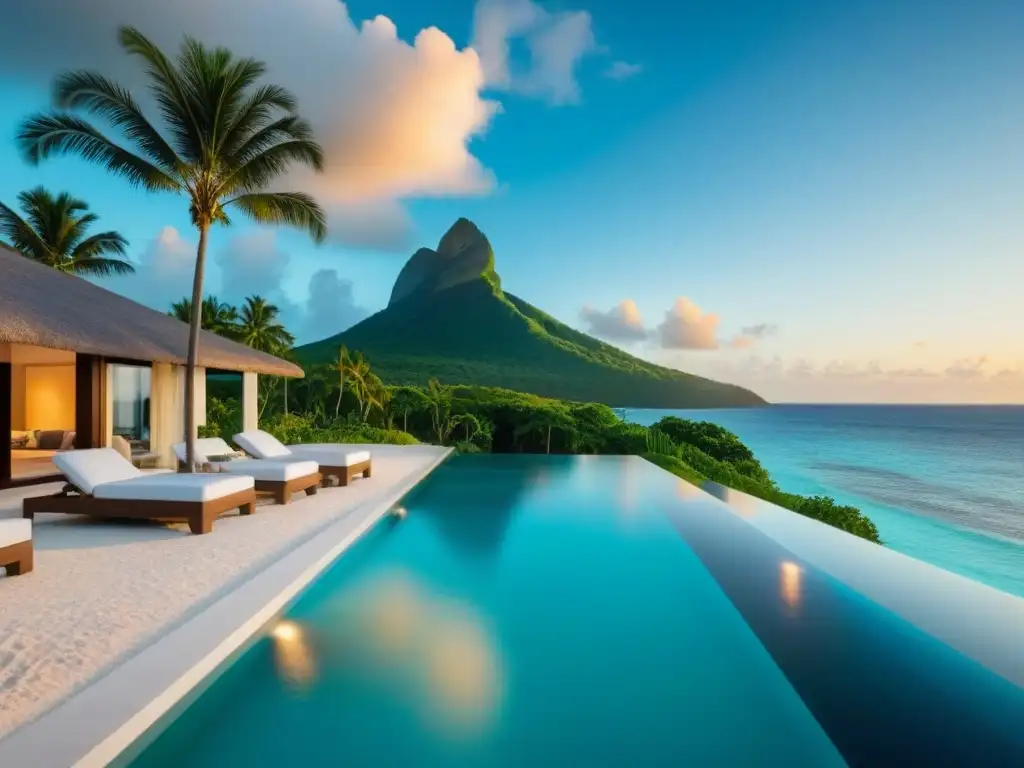 Propiedad de lujo en el Caribe: diseño moderno con infinity pool Propiedad de lujo frente al mar en el Caribe con piscina infinita y diseño moderno al atardecer
