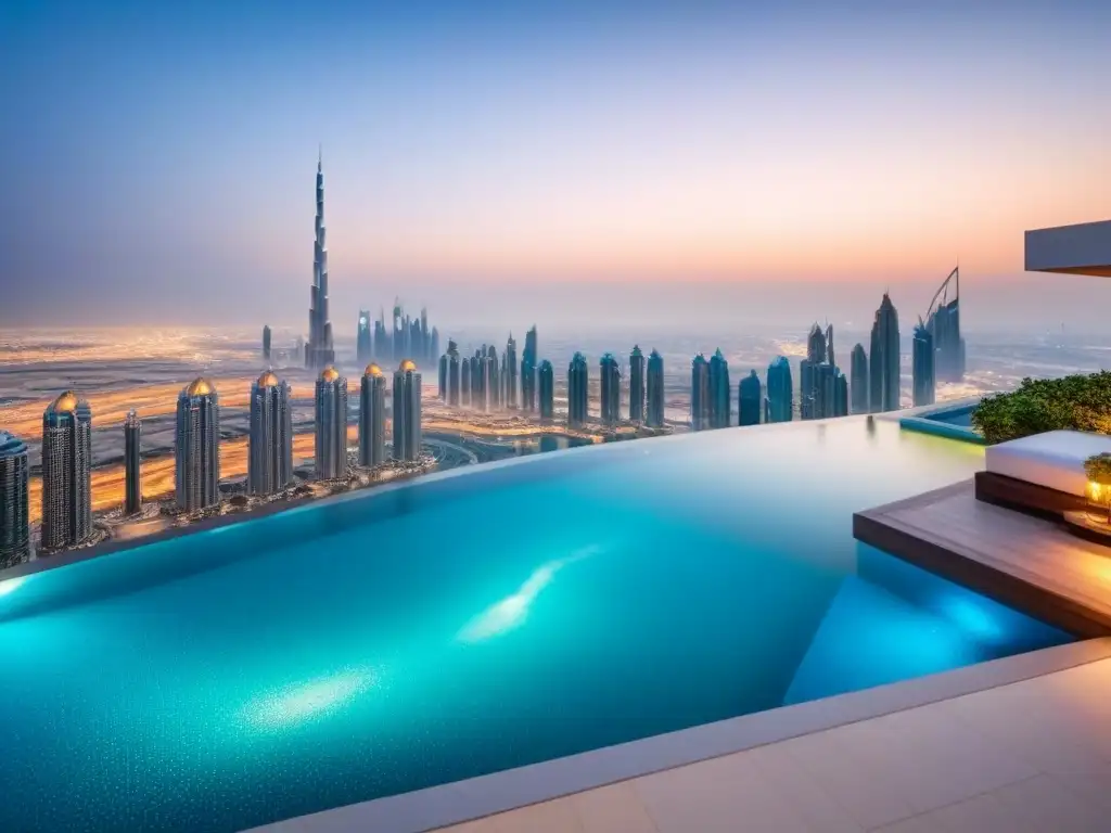 Residencia de lujo en Dubai con piscina infinita privada Propiedad de lujo en Medio Oriente con arquitectura moderna y vistas impresionantes de Dubai al atardecer
