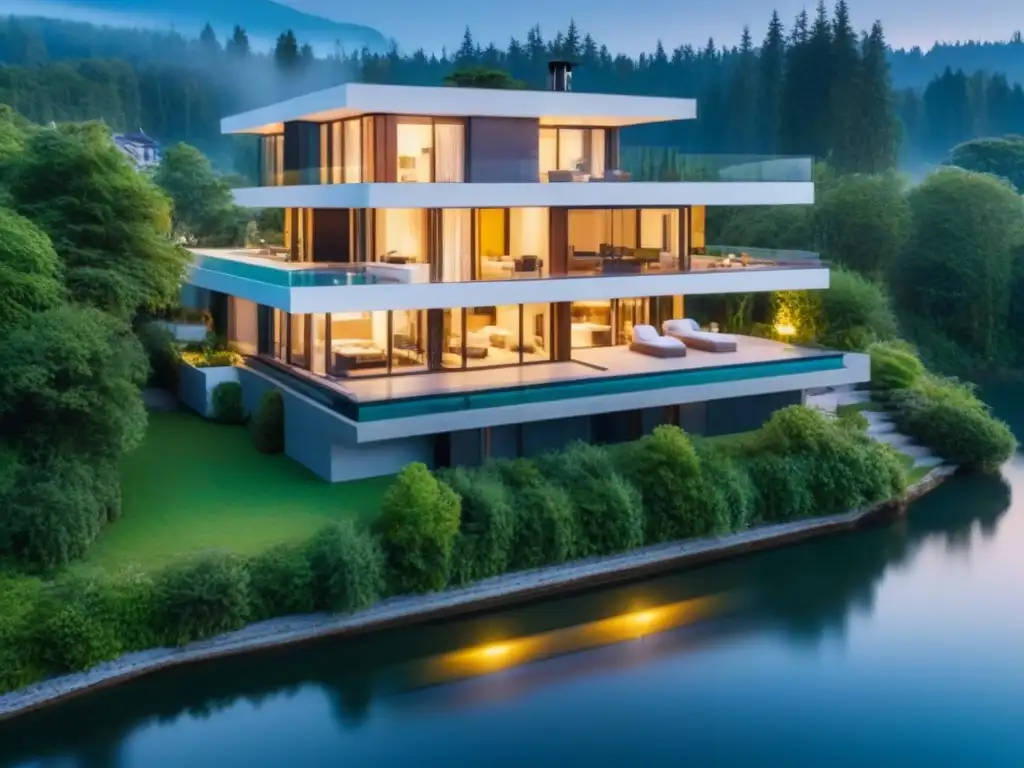 Residencia de lujo junto al lago: atardecer dorado Una propiedad de lujo moderna junto a un lago cristalino, rodeada de bosques verdes, con el sol poniéndose al fondo