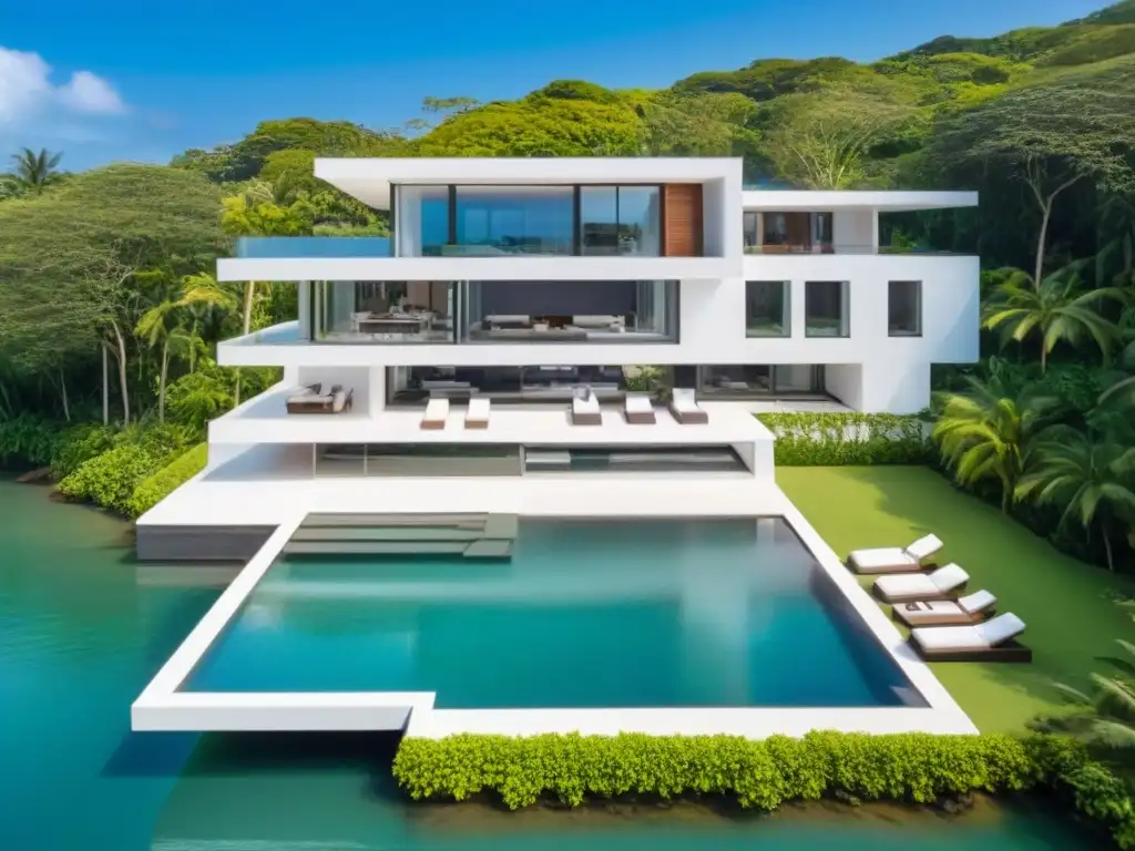 Residencia de lujo: arquitectura moderna y naturaleza exuberante Vender propiedad de lujo en redes sociales: Mansión moderna con diseño elegante, rodeada de naturaleza y con impresionante piscina infinita