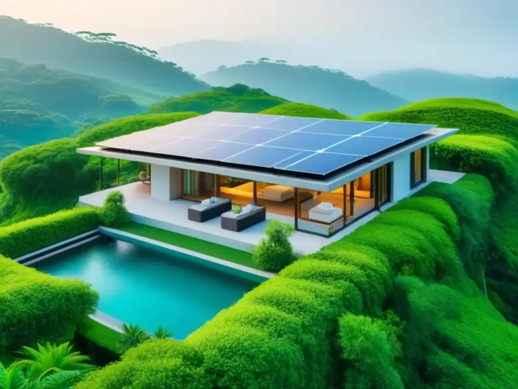 Propiedad ecofriendly de lujo en Asia: arquitectura moderna en armonía con la naturaleza Propiedad de lujo sostenible en Asia, rodeada de exuberante vegetación y características eco amigables