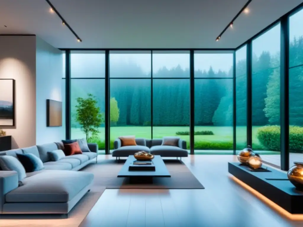 Residencia de lujo con galería de arte privada y ventanales panorámicos Propiedad de lujo ultramoderna con galería de arte privada, arte contemporáneo iluminado y jardín verde