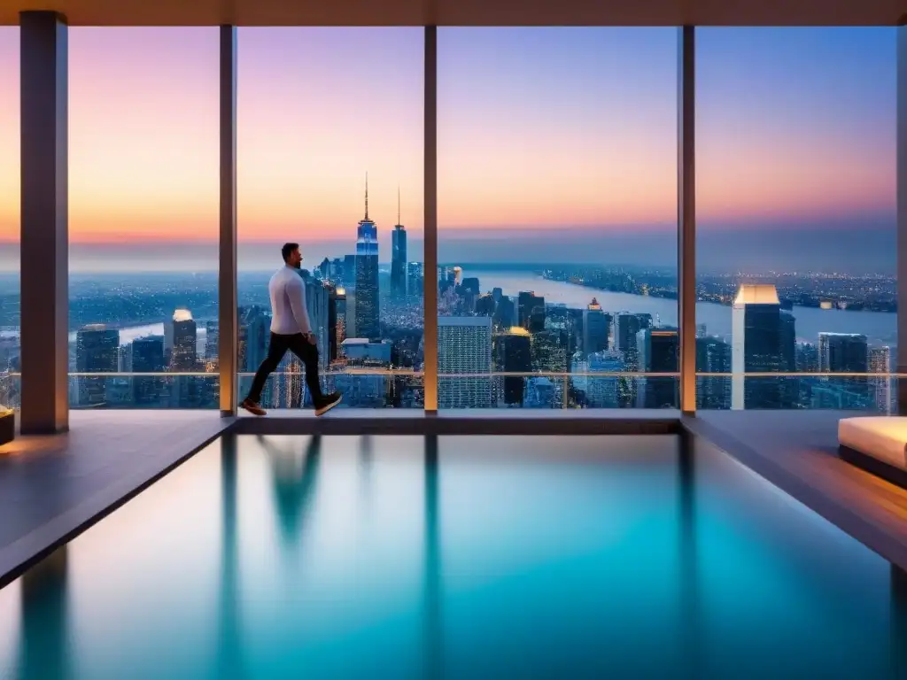 Propiedad de lujo en ciudad internacional al atardecer Una propiedad moderna de lujo con vistas a la ciudad al atardecer