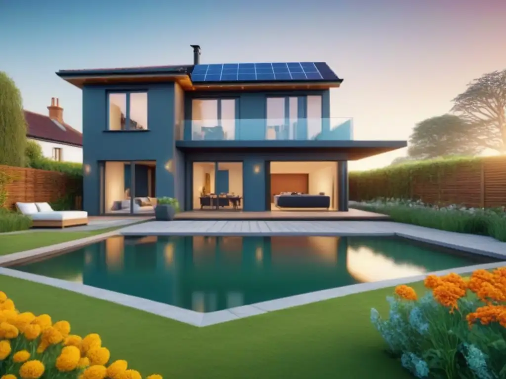 Renovación postdesastre: de devastación a oasis moderno y vibrante Revalorización propiedad postdesastre internacional: Casa moderna rodeada de oasis verde y coloridas flores tras desastre