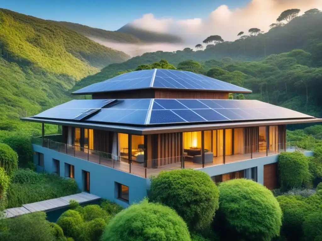 Propiedad ecológica en bosque: diseño sostenible Propiedad sostenible de tiempo compartido en armonía con la naturaleza en un bosque verde y vibrante